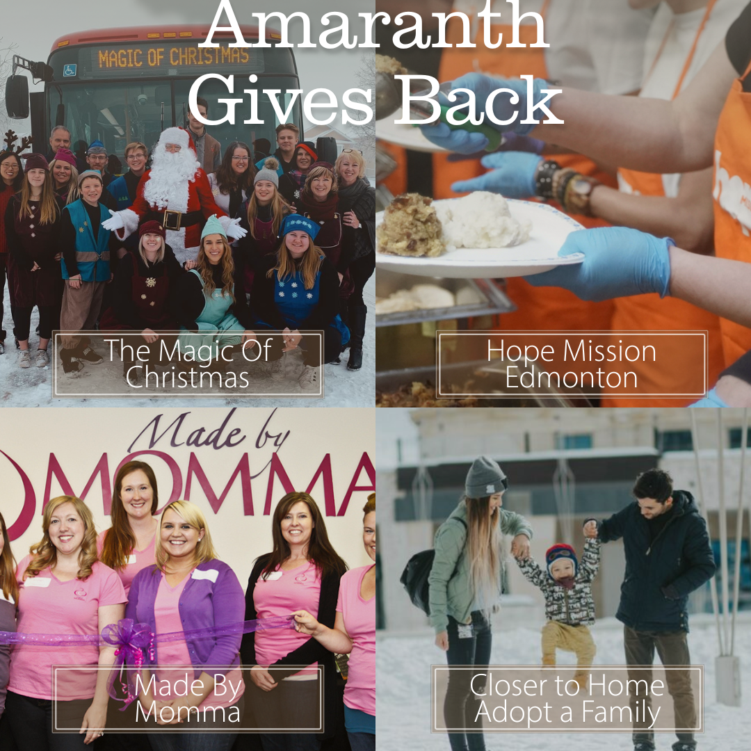 A collage of four images: a group photo with Santa Claus in front of a bus, volunteers preparing food, women at a charity event, and a family walking near a marina, with overlaying text about charity and community support.