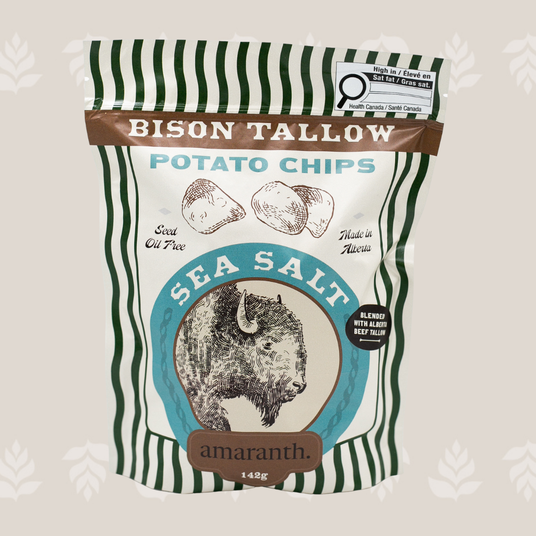 Bag of Bison Tallow Potato Chips with sea salt flavor, featuring an illustration of a bison's head and green and white striped packaging.