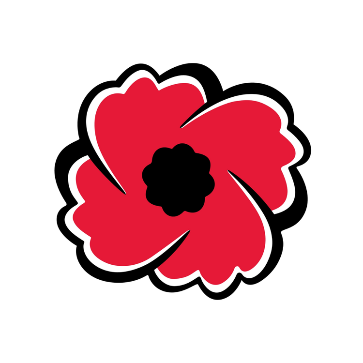 A stylized red flower with black and white outlines.