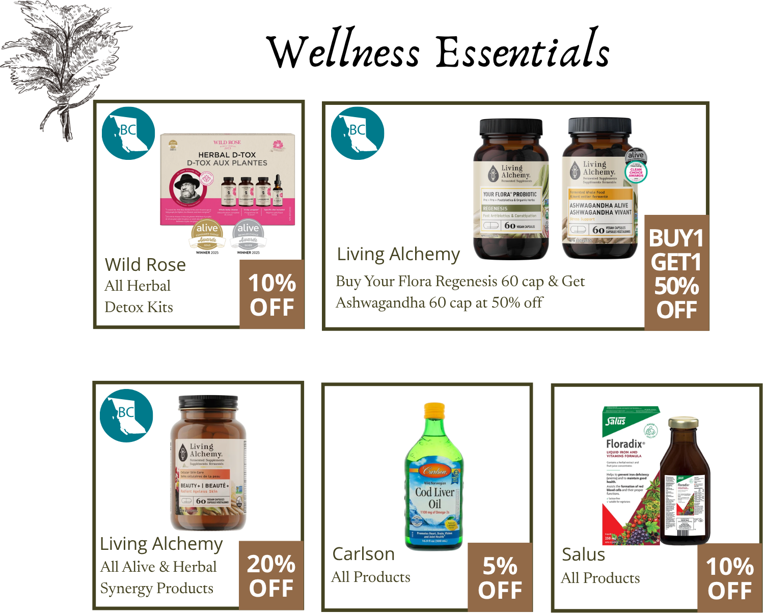 A promotional flyer with various herbal health products and discounts. Top row features Wild Rose Detox Kits with 10% off and Living Alchemy probiotic supplements offering buy one get one 50% off. Bottom row shows Living Alchemy herbal synergy products with 20% off, Carlson cod liver oil, and Salus products with 10% off.