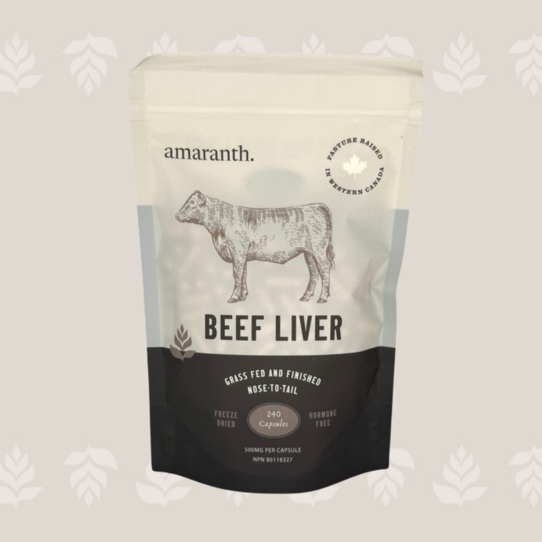 Package of beef liver supplement with a cow illustration, labeled as grass-fed and finished, hormone free, containing 240 capsules, made in Western Canada.