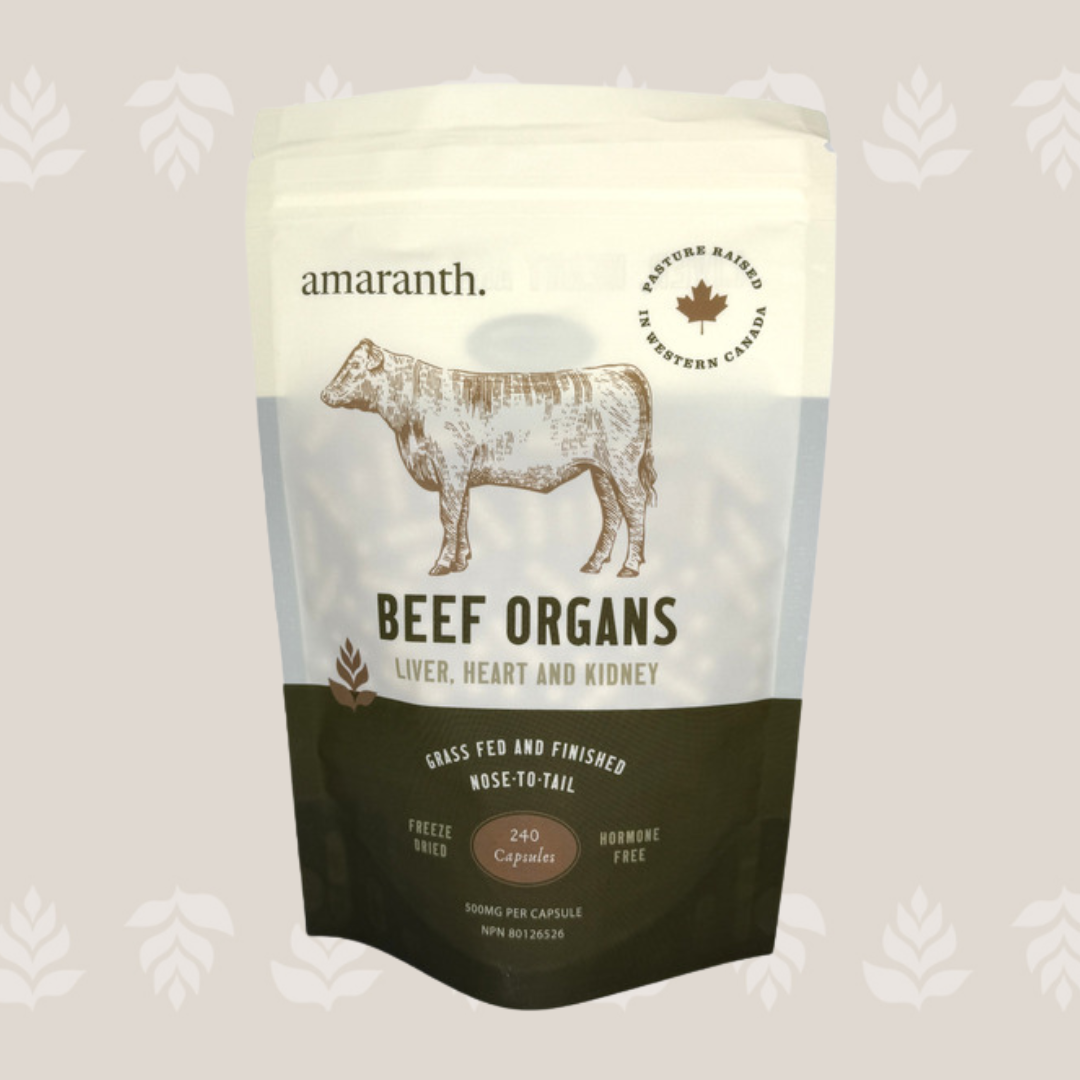 Package of Amaranth beef organ supplements, including liver, heart, and kidney, with a cow illustration and text indicating grass-fed, hormone-free, and made in Western Canada.