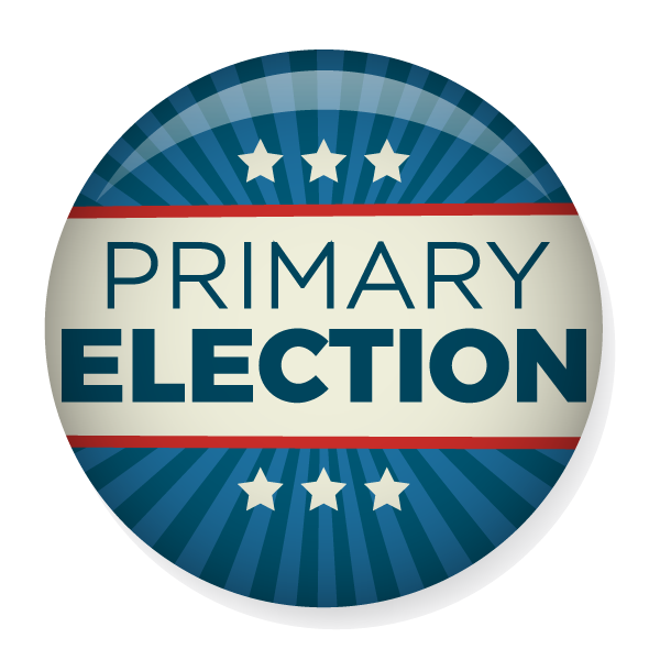 Circular badge with blue, red, and white colors and stars, displaying the text 'PRIMARY ELECTION'.