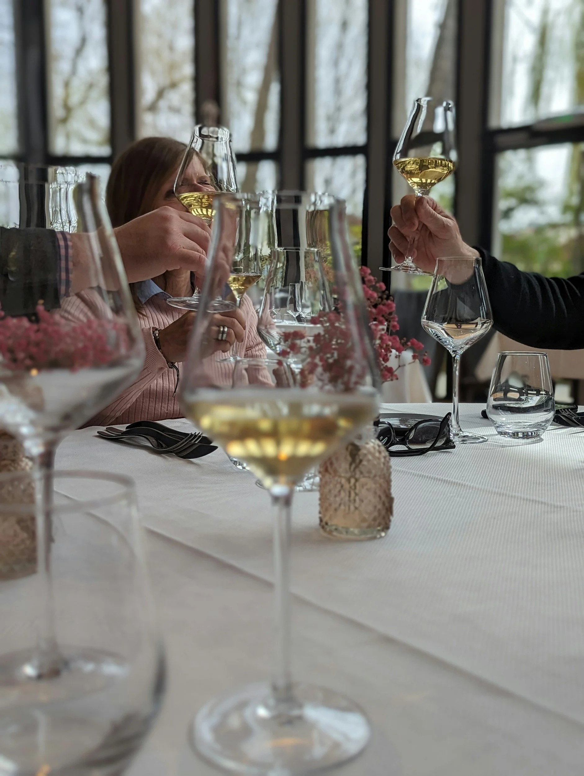 People raising glasses of white wine at a celebratory gathering, with a decorated table and a blurred background of windows and trees.