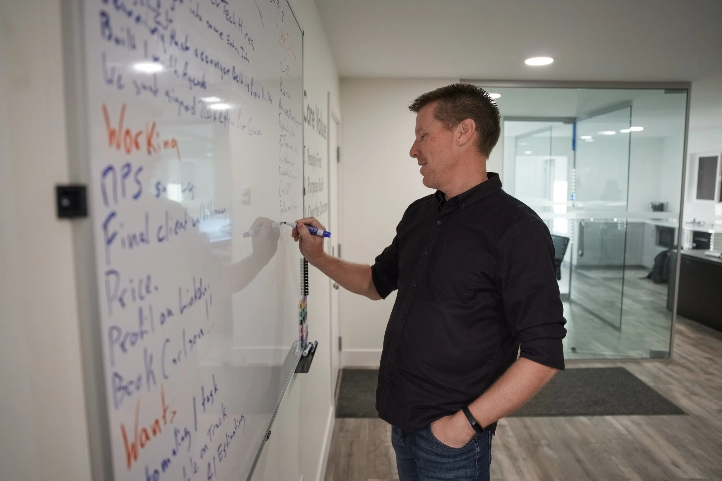 A man is writing on a whiteboard in an office. The whiteboard has notes written in different colors. The office has glass walls and modern furniture.