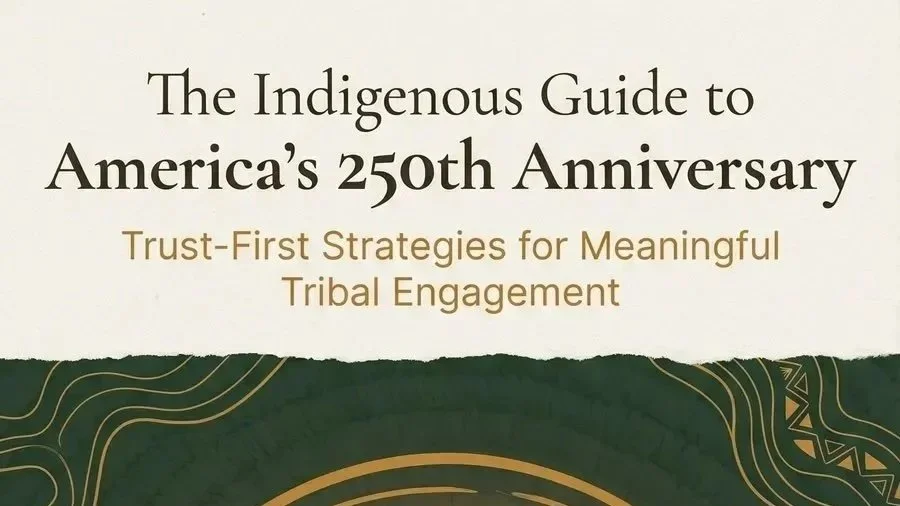 Cover of The Indigenous Guide to America’s 250th Anniversary: Trust-First Strategies for Meaningful Tribal Engagement, a resource by Andrei Jacobs, founder of Inga for Life. The design features concentric gold circles on a deep green background, symb