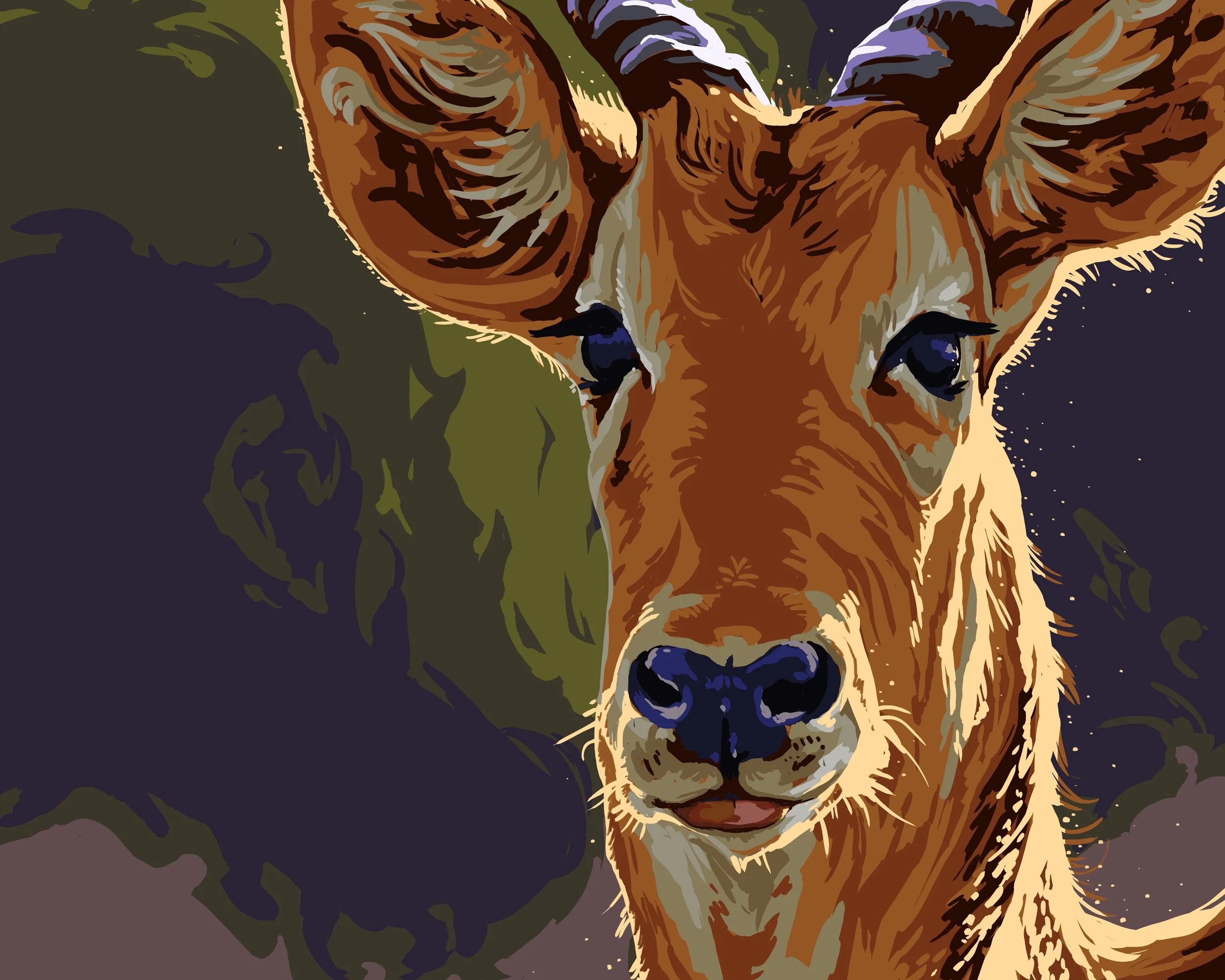 Illustration of an antelope with large ears and prominent eyes against an abstract background.