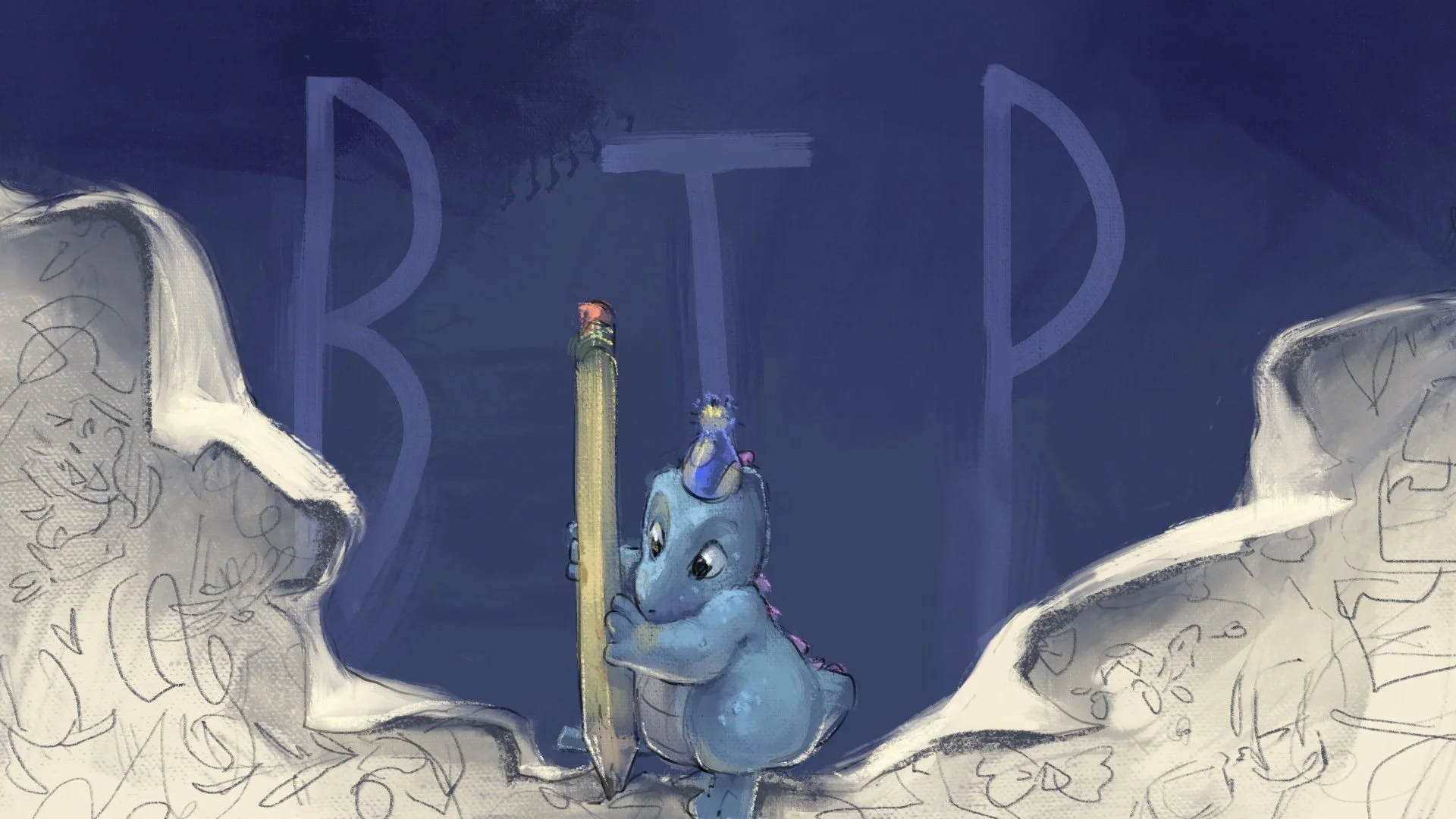 Illustration of a blue dragon holding a large pencil with a bird on its head, standing between messy sketches on a dark blue background with the letters B, T, P.