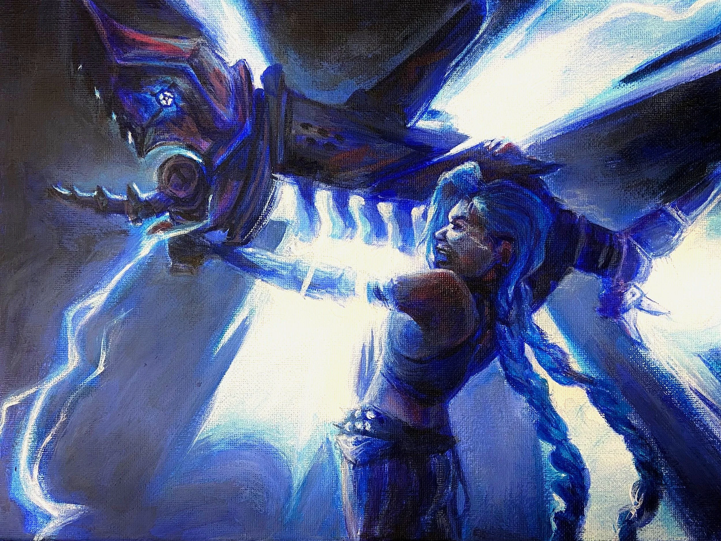 A digital artwork of a character with blue hair wielding a glowing weapon, emitting blue lightning. The character is in an action pose, with a focused expression, suggesting a fantasy or sci-fi theme. The color palette features dark and bright blues, highlighting the electricity.