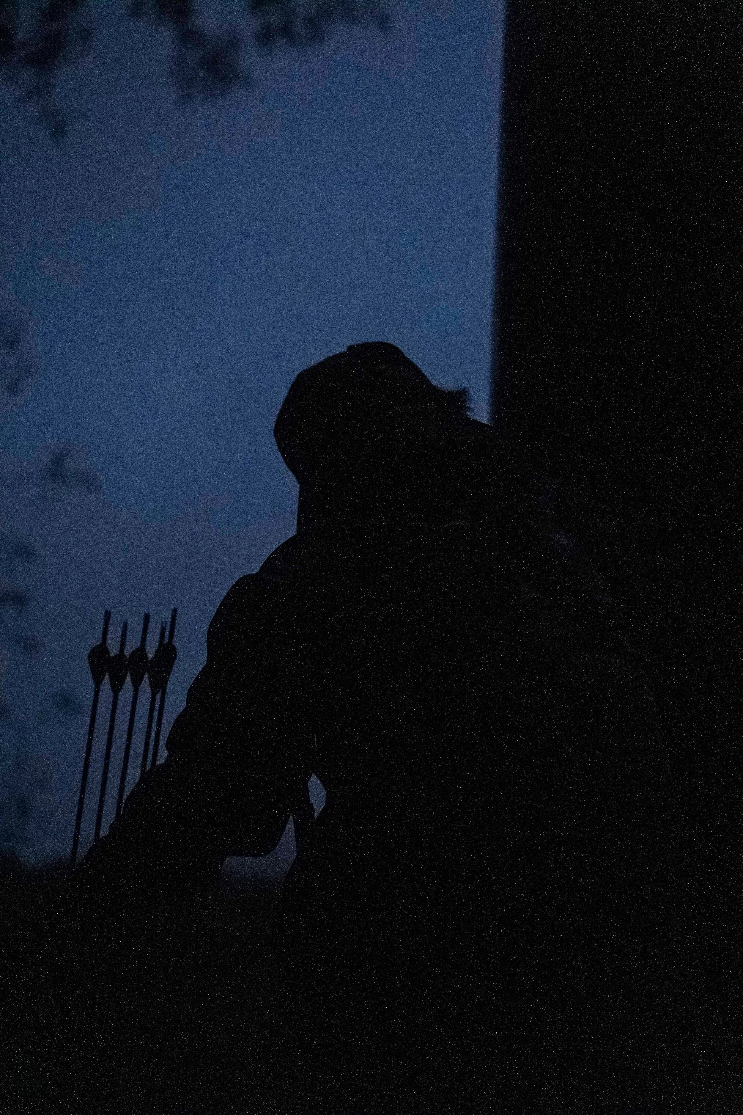 Silhouette of a person standing outdoors at dusk with a dark sky and clouds, and an antenna in the background.