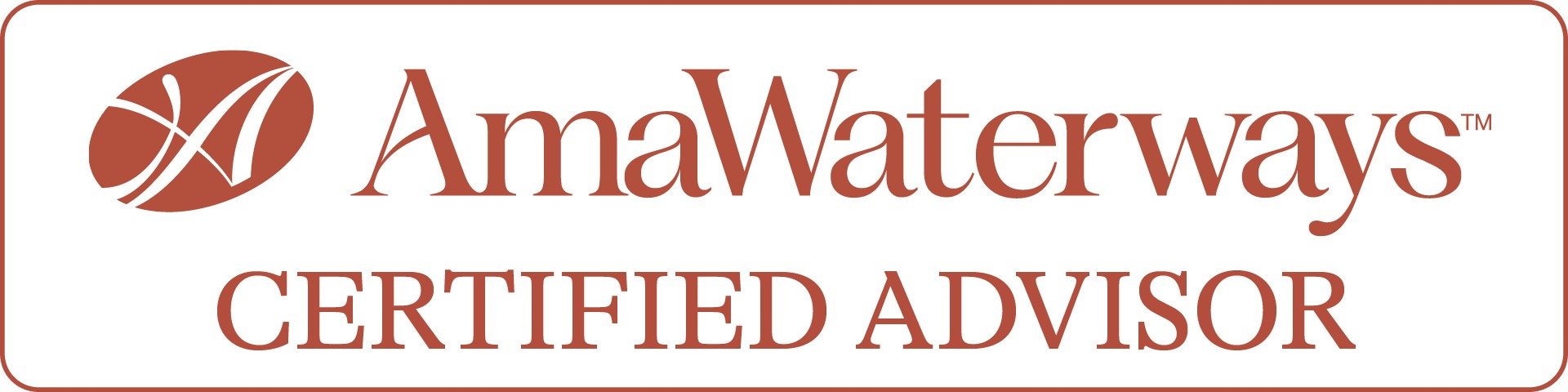 A logo for AmaWaterways with a stylized 'A' and the words 'AmaWaterways CERTIFIED ADVISOR' in brown text.