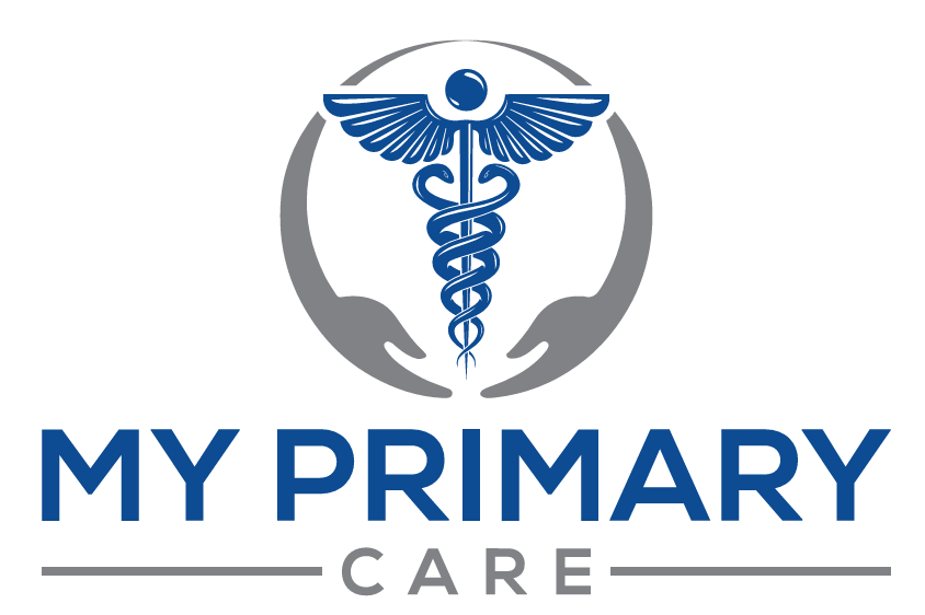 Medical logo featuring a caduceus symbol with a staff, wings, and a snake, enclosed by two hands, and the text "MY PRIMARY CARE."