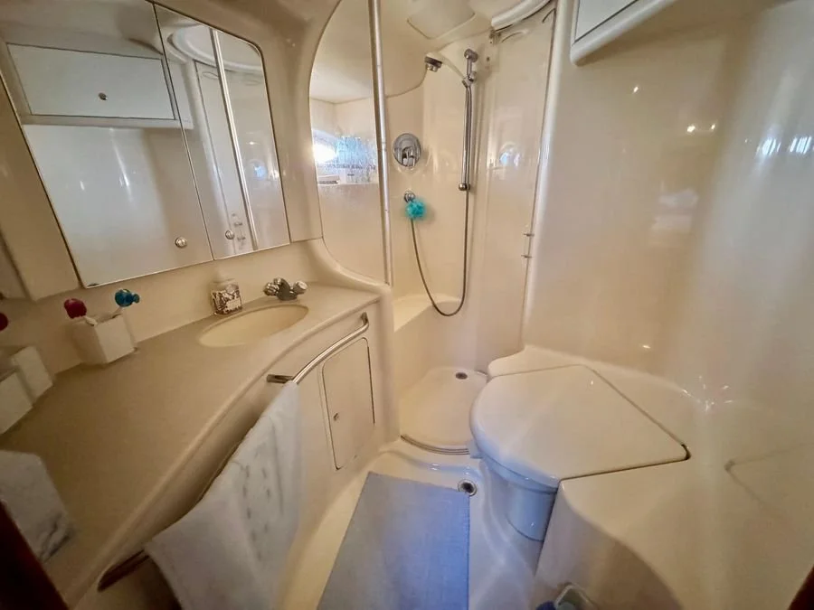 Small beige bathroom with sink, mirror cabinet, and toilet. Compact shower area with handheld shower head and a small window. En suite washroom head on Sea Ray 480 Sedan Bridge boat.