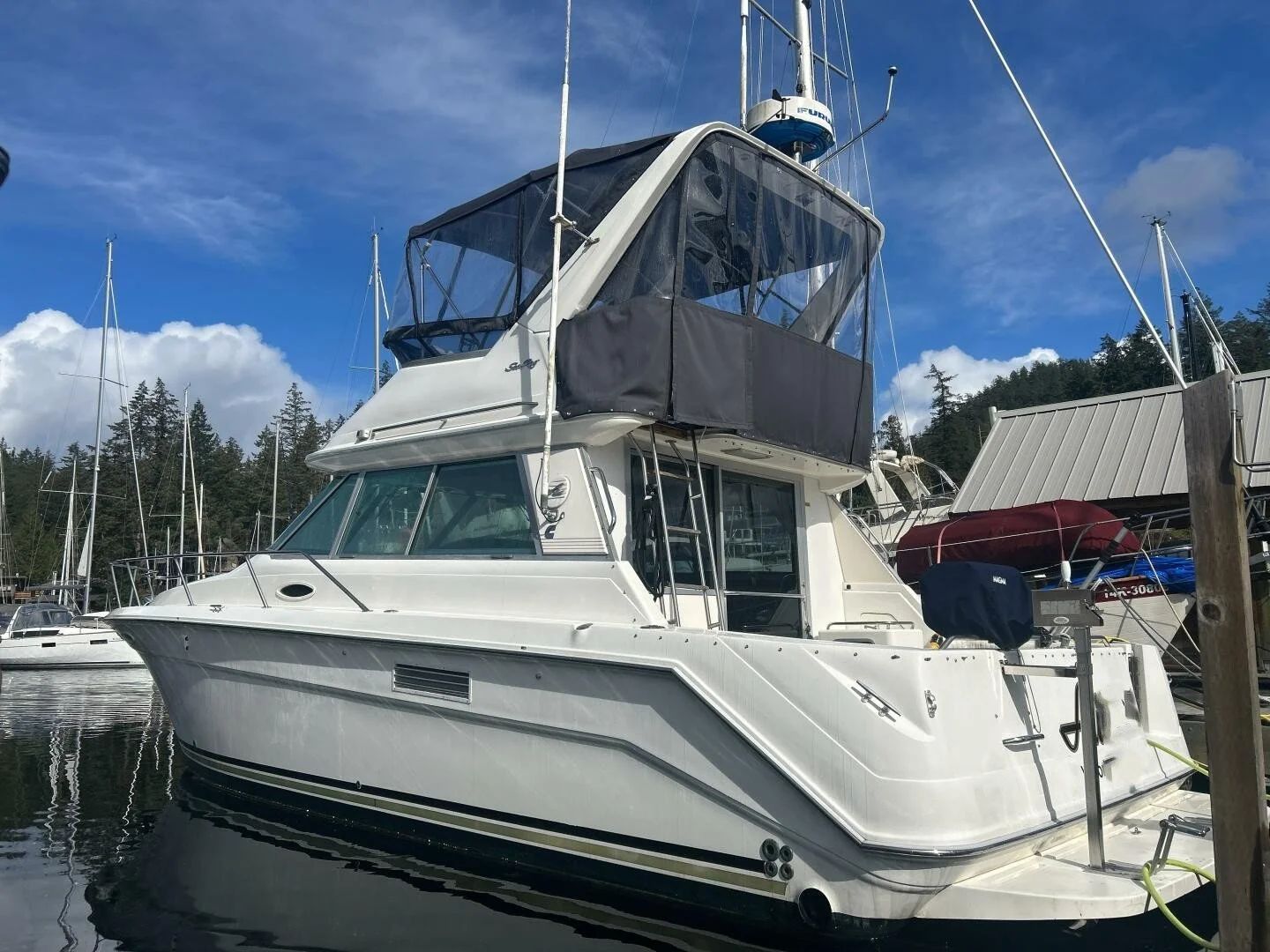 A white yacht docked at a marina with other boats and surrounded by trees under a blue sky with clouds. Centered in photo is a Sea Ray 370 Sedan Bridge boat with flybridge and grey canvas.