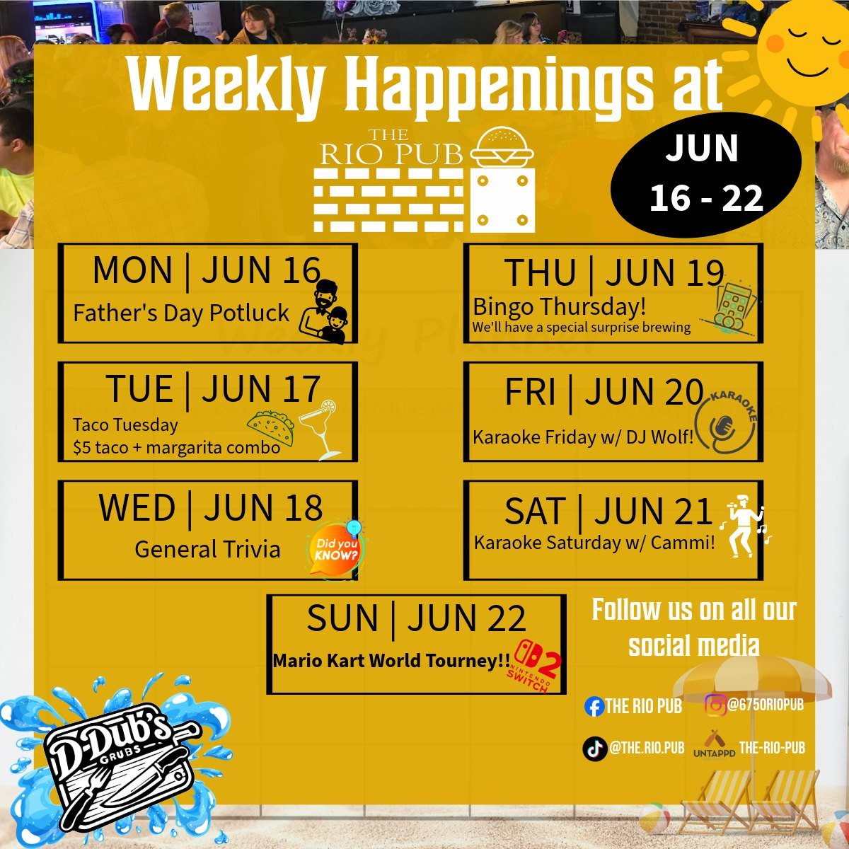 Monday. Monday. Here's what we're planning for this week!

A couple of call outs to watch out:
- Father's Day Potluck Monday (Today June 16th)
- Mario Kart World Tourney (Sunday June 22nd)

As always, thanks to our partners for bringing fun and enter