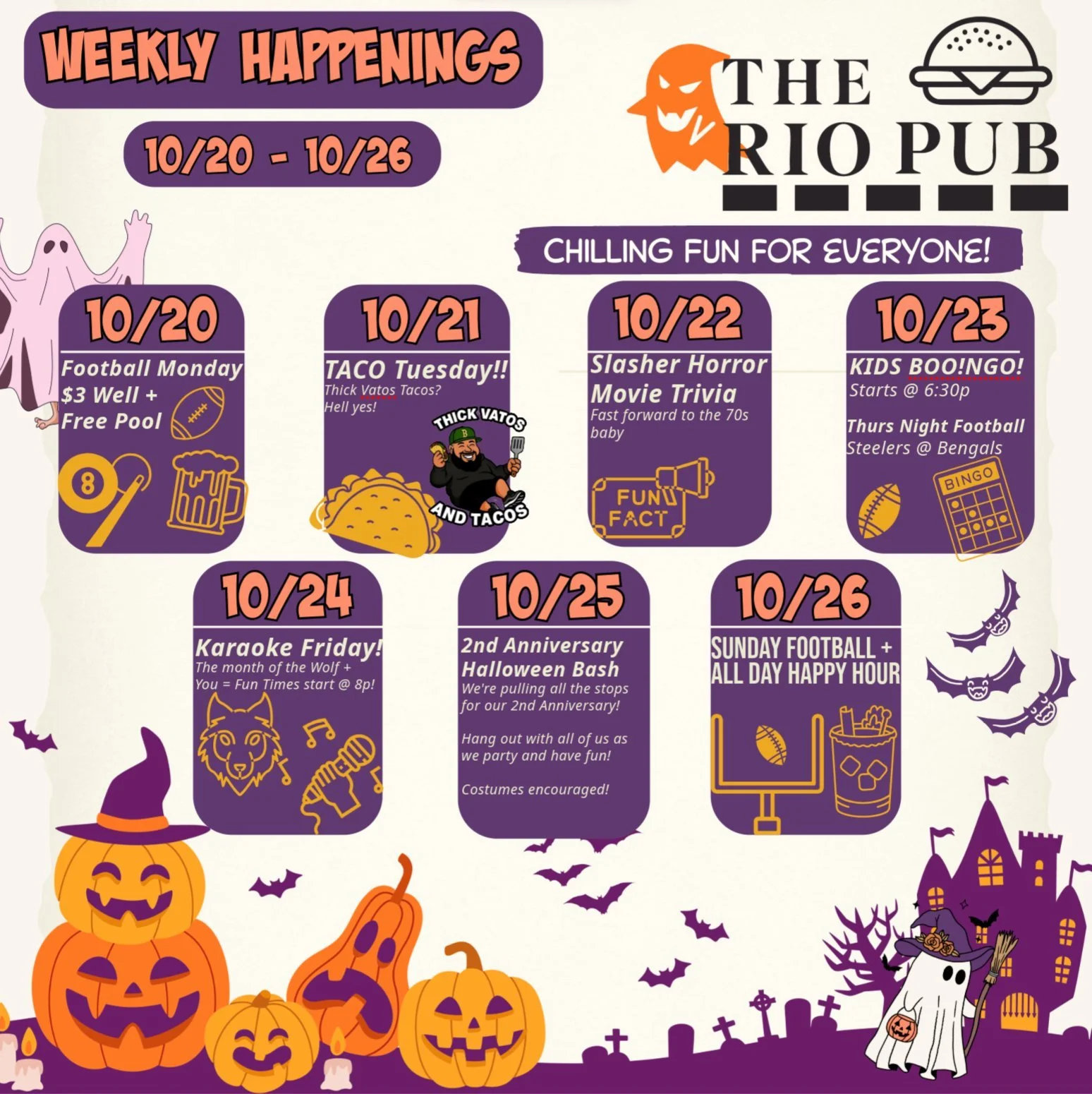 Happy Monday Rio Pub Fam! 

We're very excited for this week we're celebrating our 2nd Anniversary!! 
Come out and hang with your besties in your costume! We'll have games, prizes, and guests hosting some fun times!