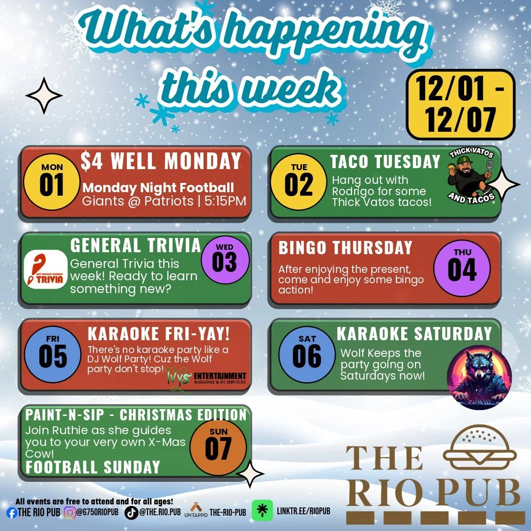 Happy Monday Rio Pub Fam! Here's what's happening this week at The Rio Pub!
We're excited to kick off the Holiday season with our Holiday Paint-n-Sip this Sunday!

Thanks to all our partners:
@thickvatos_andtacos_ @notrockettrivia @ivysentertainment 
