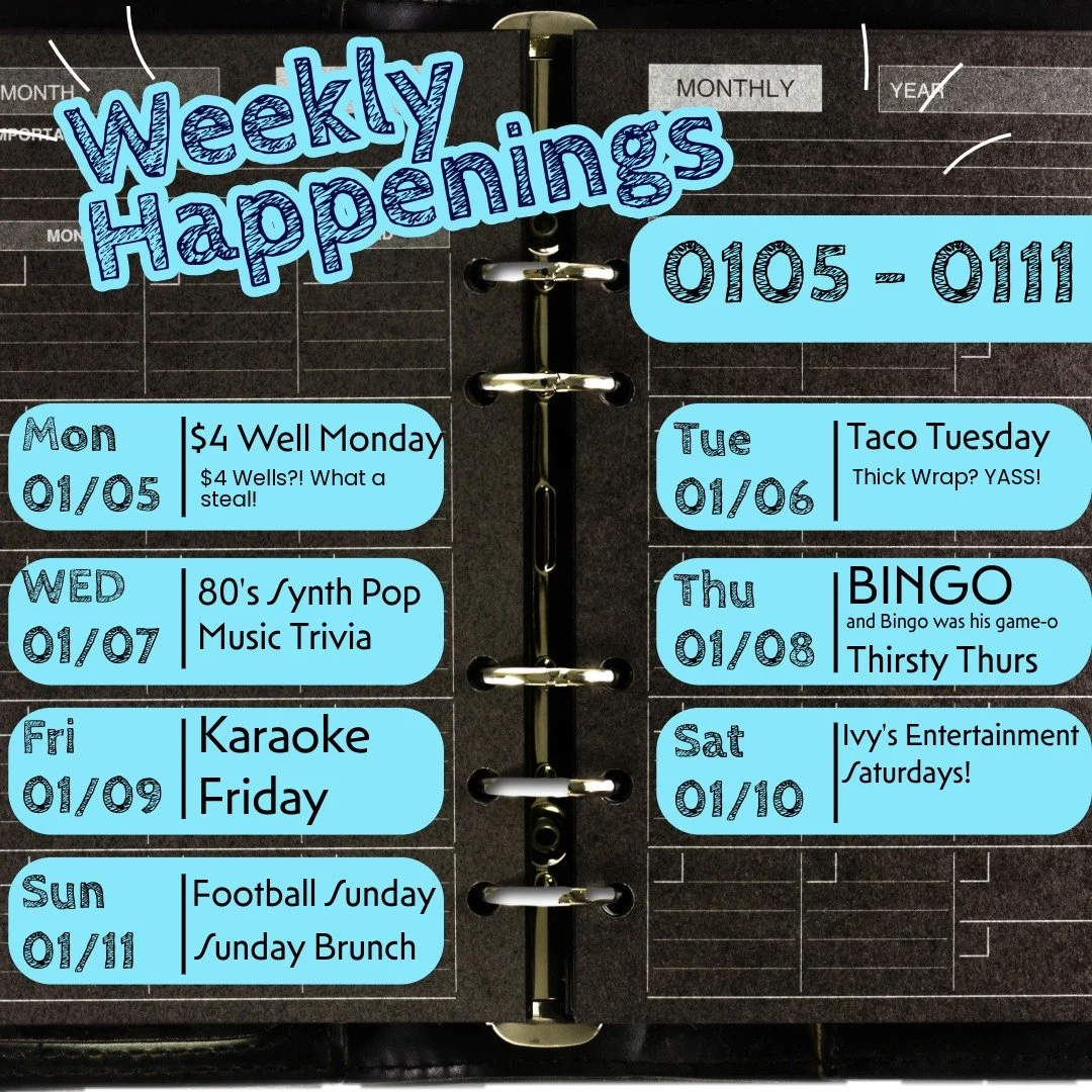 Happy New Year Rio Pub Fam!! We're hitting the ground running and starting fresh!

Look out for this week's trivia, it'll be fun! Along with all our entertaining nights with Bingo, Karaoke, Football, and more!