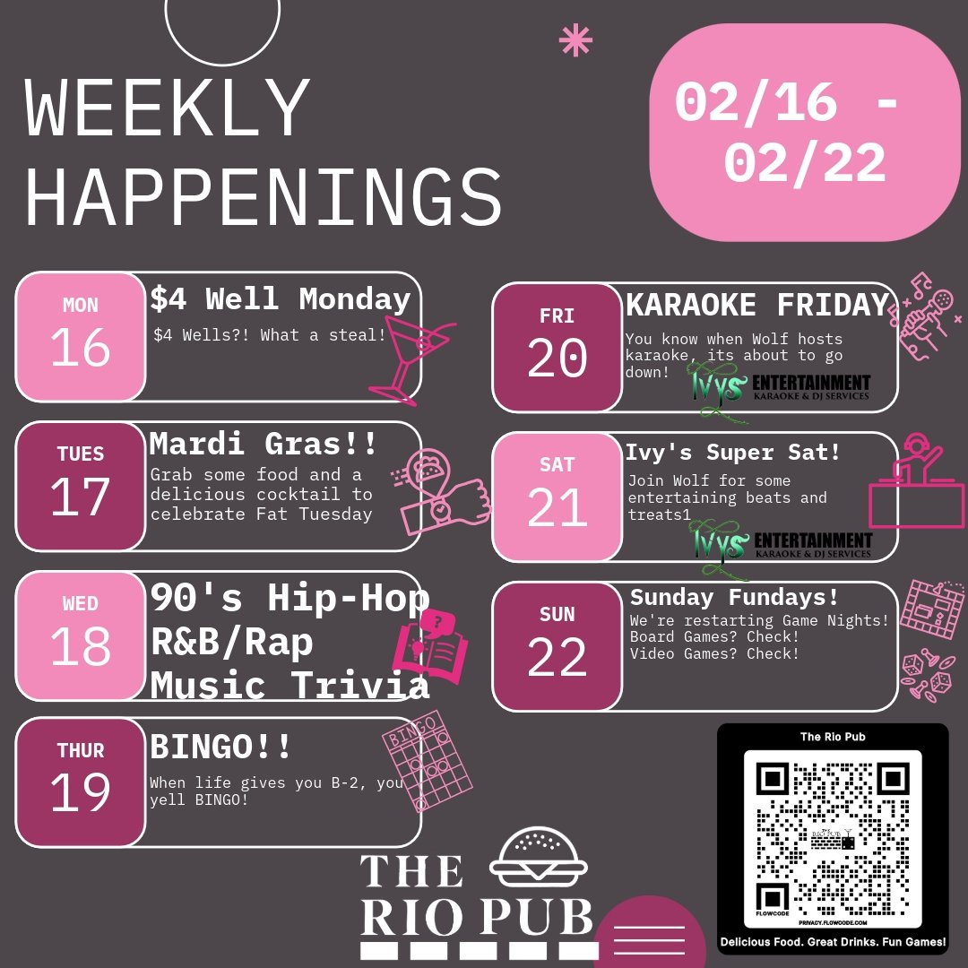 It's Monday&mdash;let's make it count! 🎉

The week kicks off with $4 Well Monday deals, but that's just the start! Get ready for 90's Hip-Hop Music Trivia this Wednesday, where beats meet brainpower! 🧠🎶 And guess what? Sunday Fundays are back&mdas