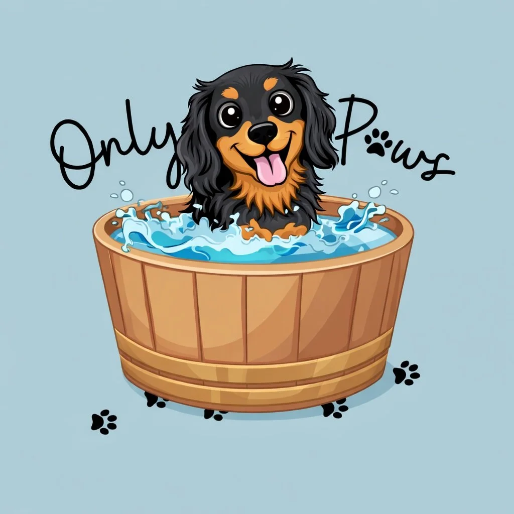 Cute cartoon dog in a wooden tub with water, with the text "Only Paws" in the background.