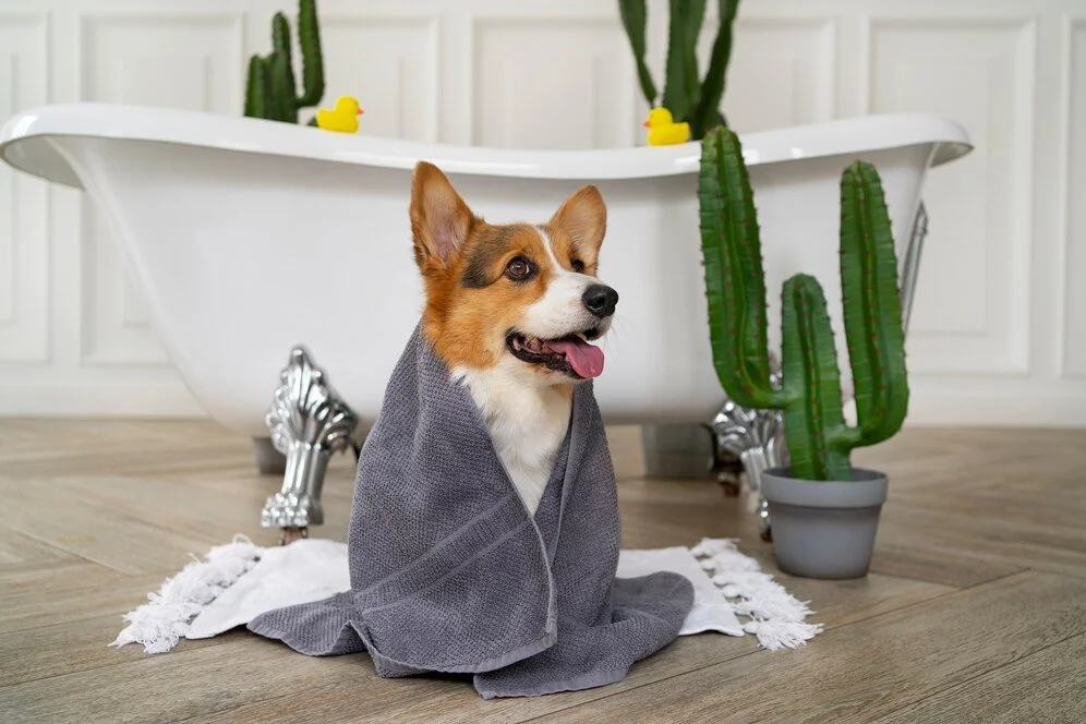 A dog wrapped in a gray towel sitting on a white towel in front of a clawfoot bathtub with cacti and rubber duckies.