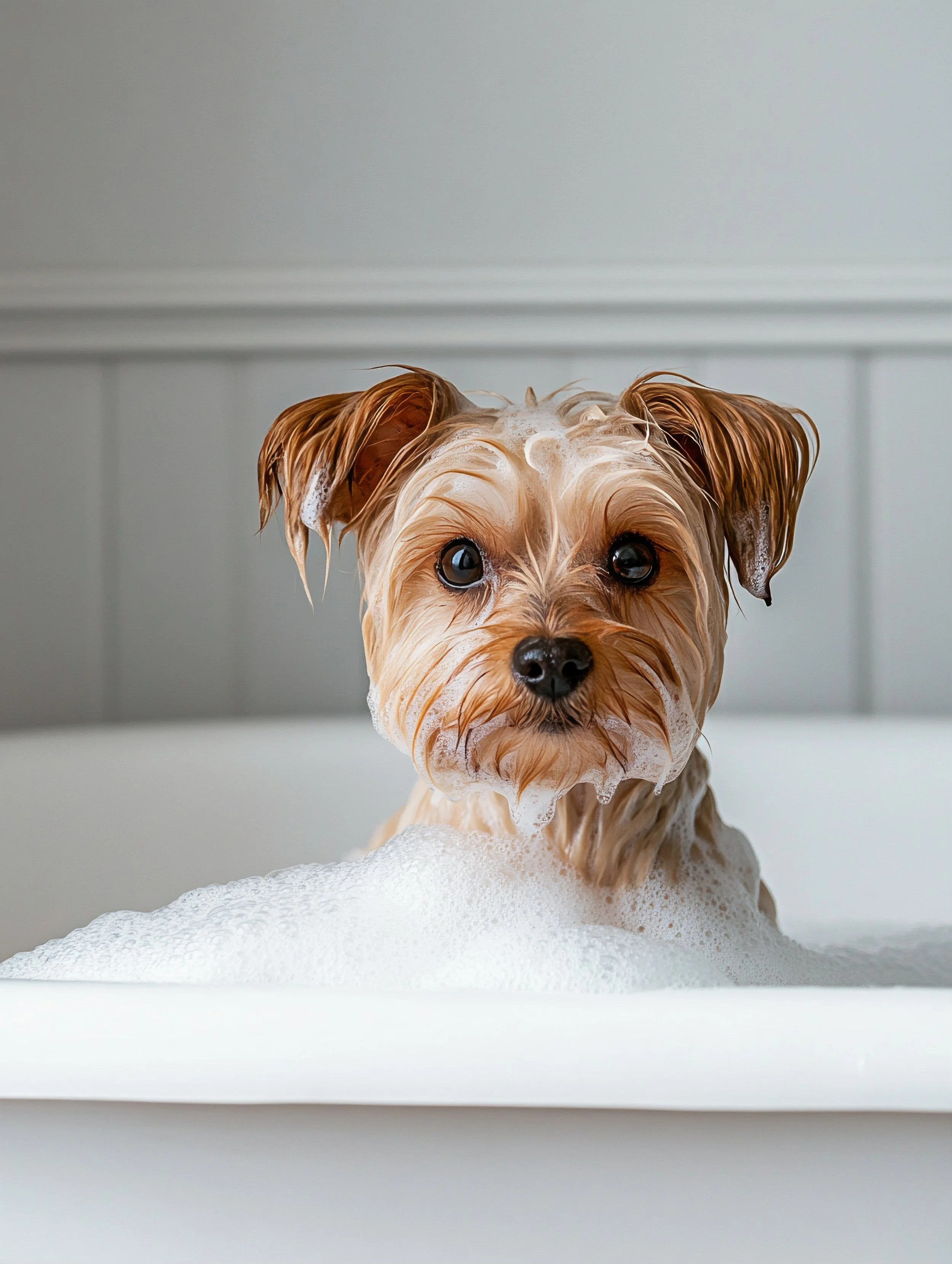 A small, tan Yorkshire Terrier puppy with wet fur standing on a white surface during a bath, covered in white soap foam, with a plain light grey wall background.