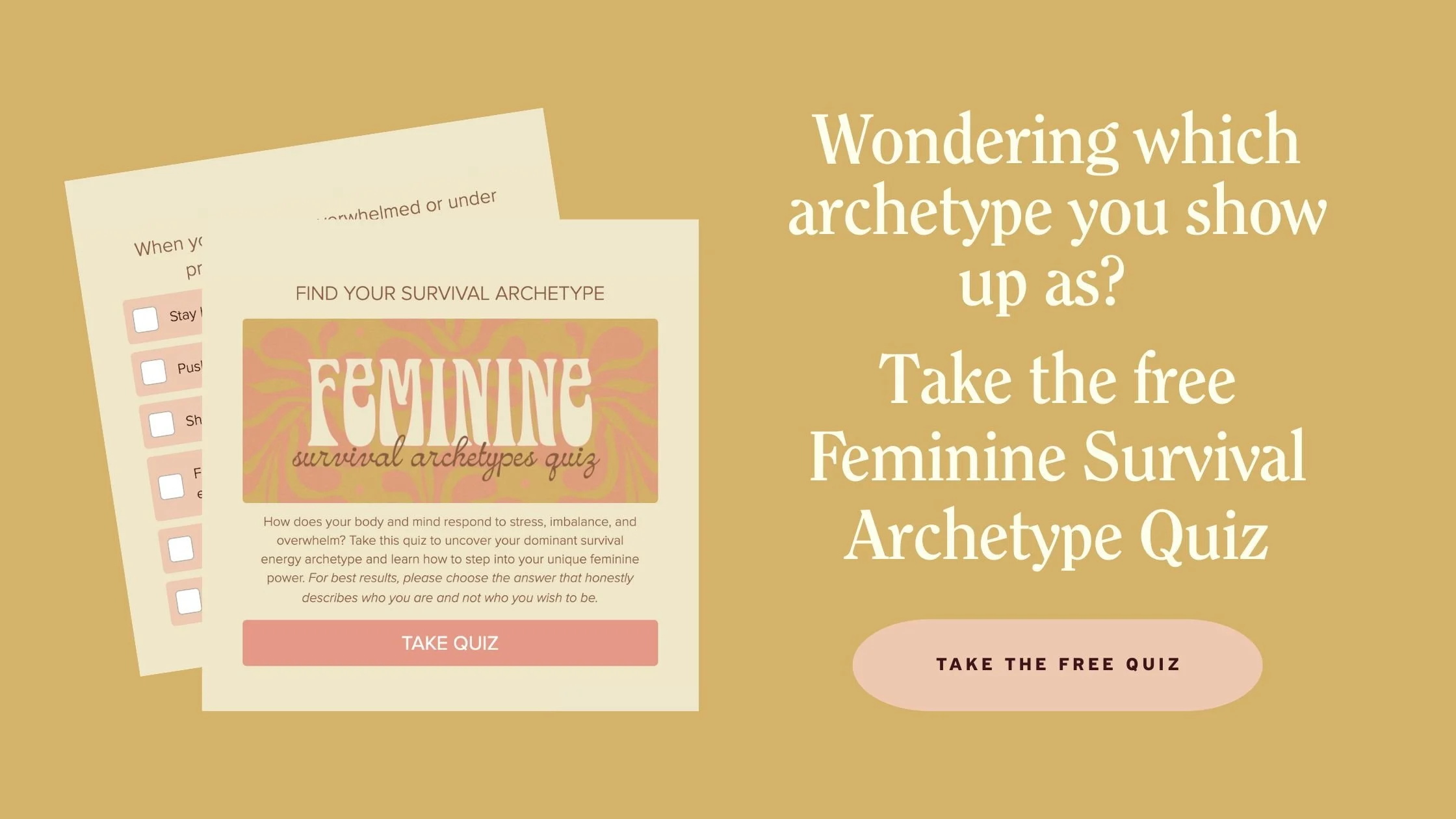 Promotional graphic for the Feminine Survival Archetype Quiz with soft tan and peach colors, showing a quiz preview and text inviting viewers to discover their dominant feminine survival archetype.