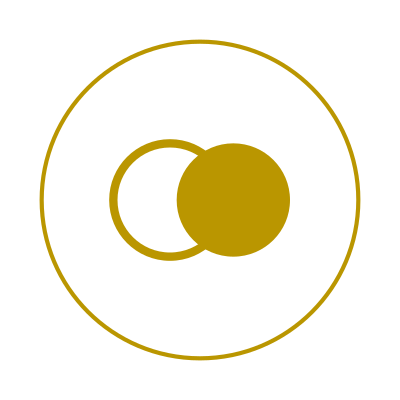 A gold and black minimalist logo with two overlapping circles inside a larger circle.