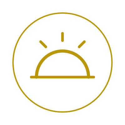 Minimalist line drawing of a sunrise with rays, enclosed in a circle, gold color on black background.