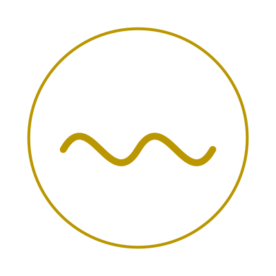 A logo with a gold circle and a gold squiggly line inside on a black background.