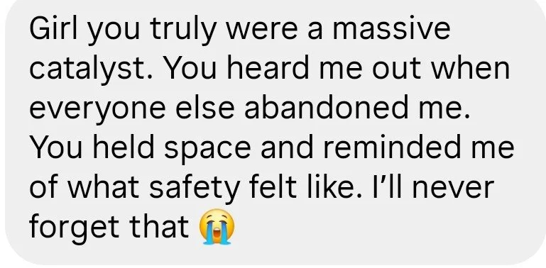 A text message or caption sharing feelings of gratitude and emotional connection with someone, mentioning how they were a catalyst, provided support and safety, and is remembered with a crying emoji.