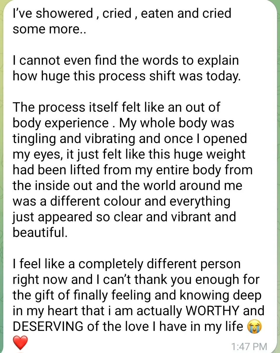 Text message expressing emotional relief and gratitude, describing a transformative personal experience.