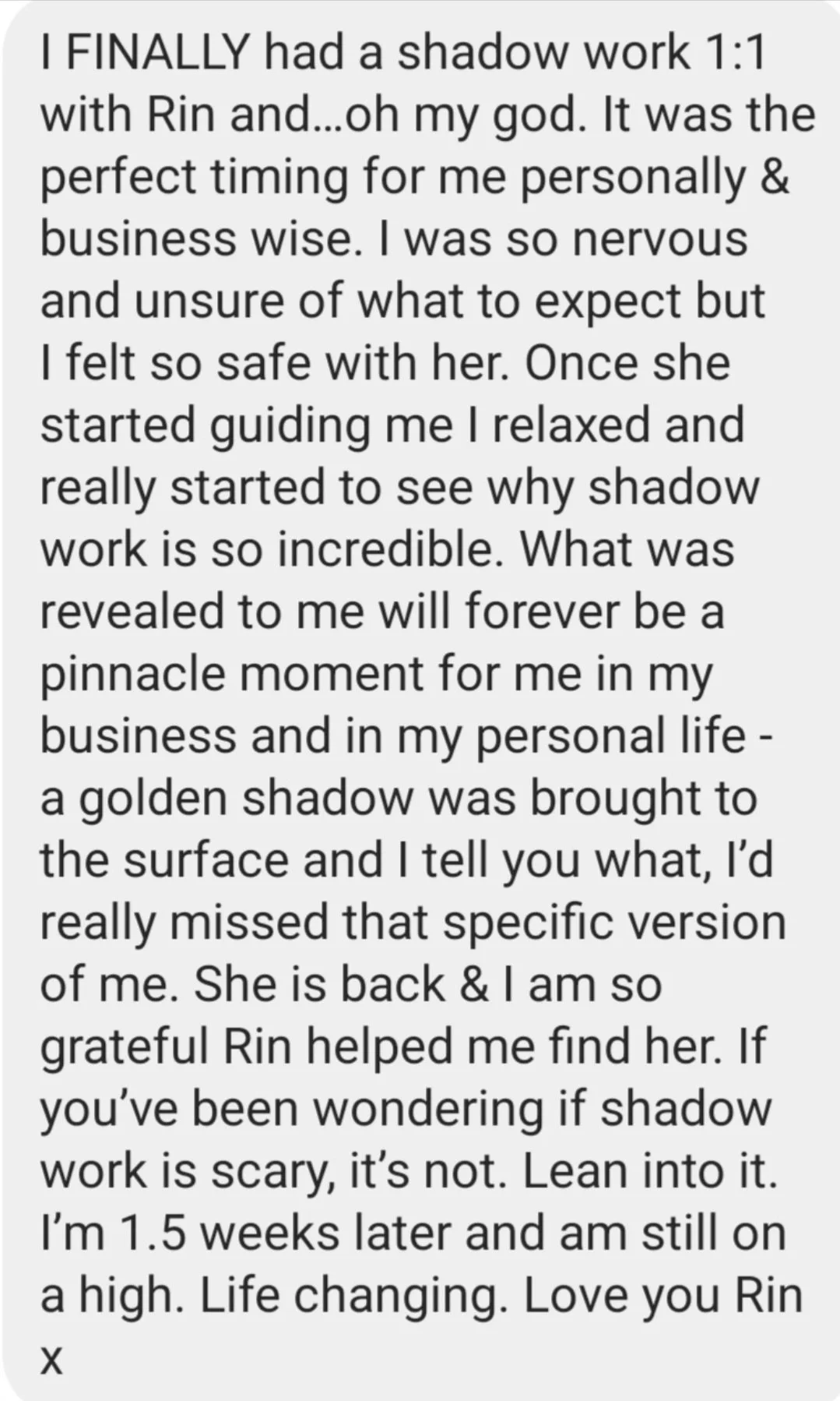 Screenshot of a testimonial about shadow work, mentioning a person named Rin, describing the positive impact of shadow work on their life and business.