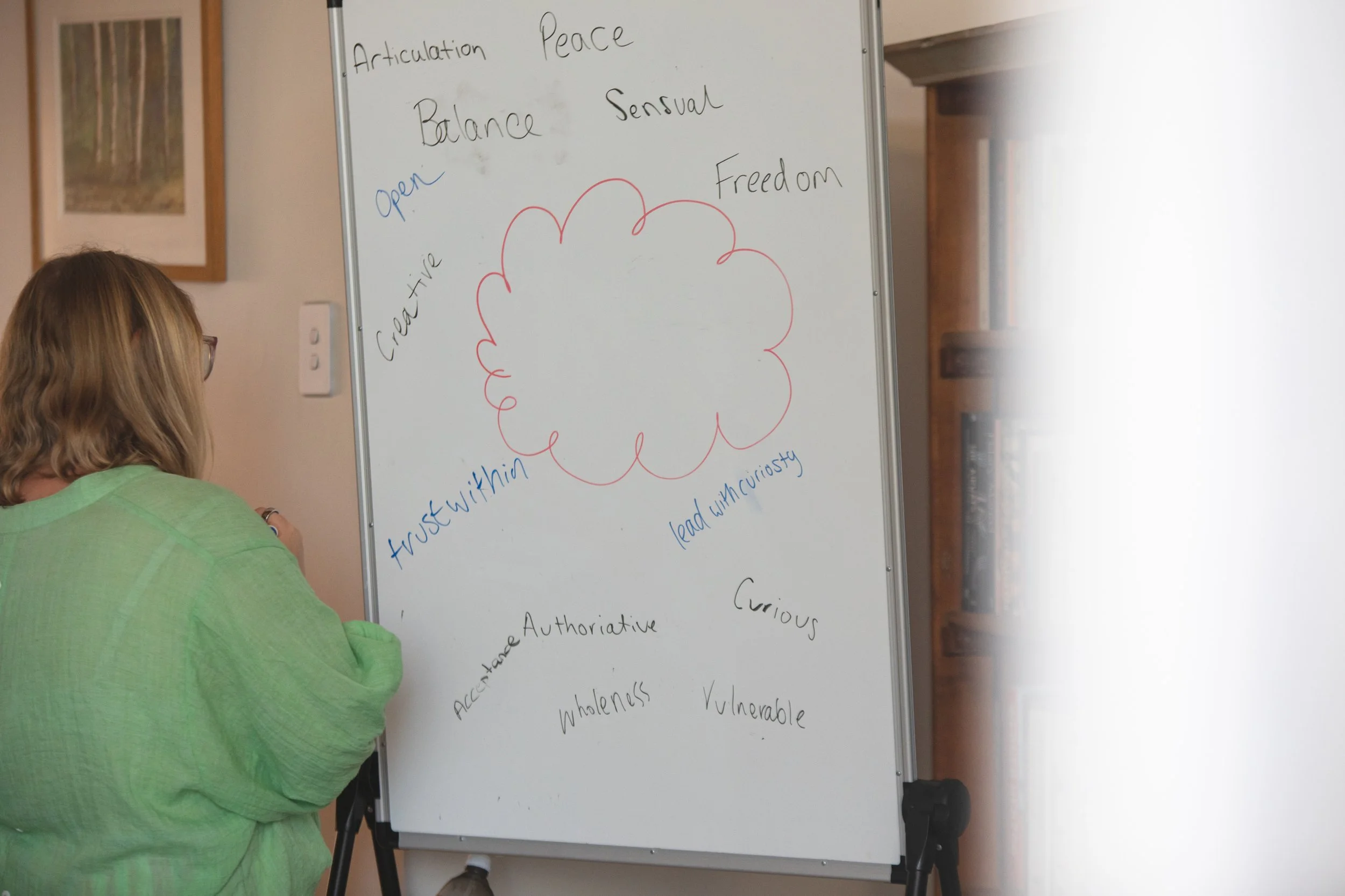 A woman with glasses and wearing a green sweater writes on a whiteboard in a room with wooden furniture and framed pictures on the wall. The whiteboard contains words related to emotions and behavior, such as 'articulation', 'peace', 'balance', 'sensual', 'creative', and 'freedom', with a red cloud shape drawn around some of the words.