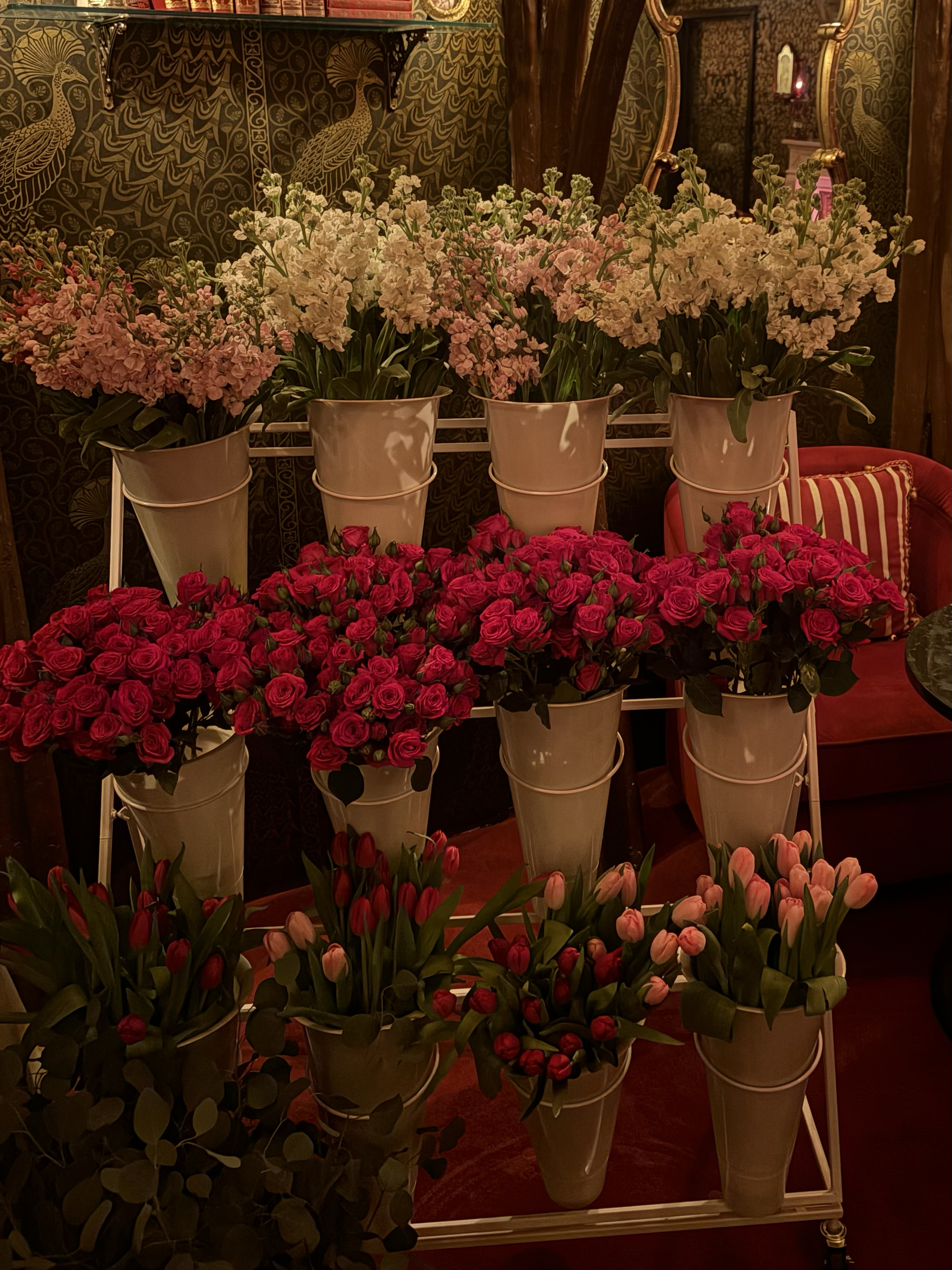 Multiple white, pink, red, and peach-colored flowers in white pots displayed on a multi-tiered metal stand inside a room with dark decorative wallpaper.