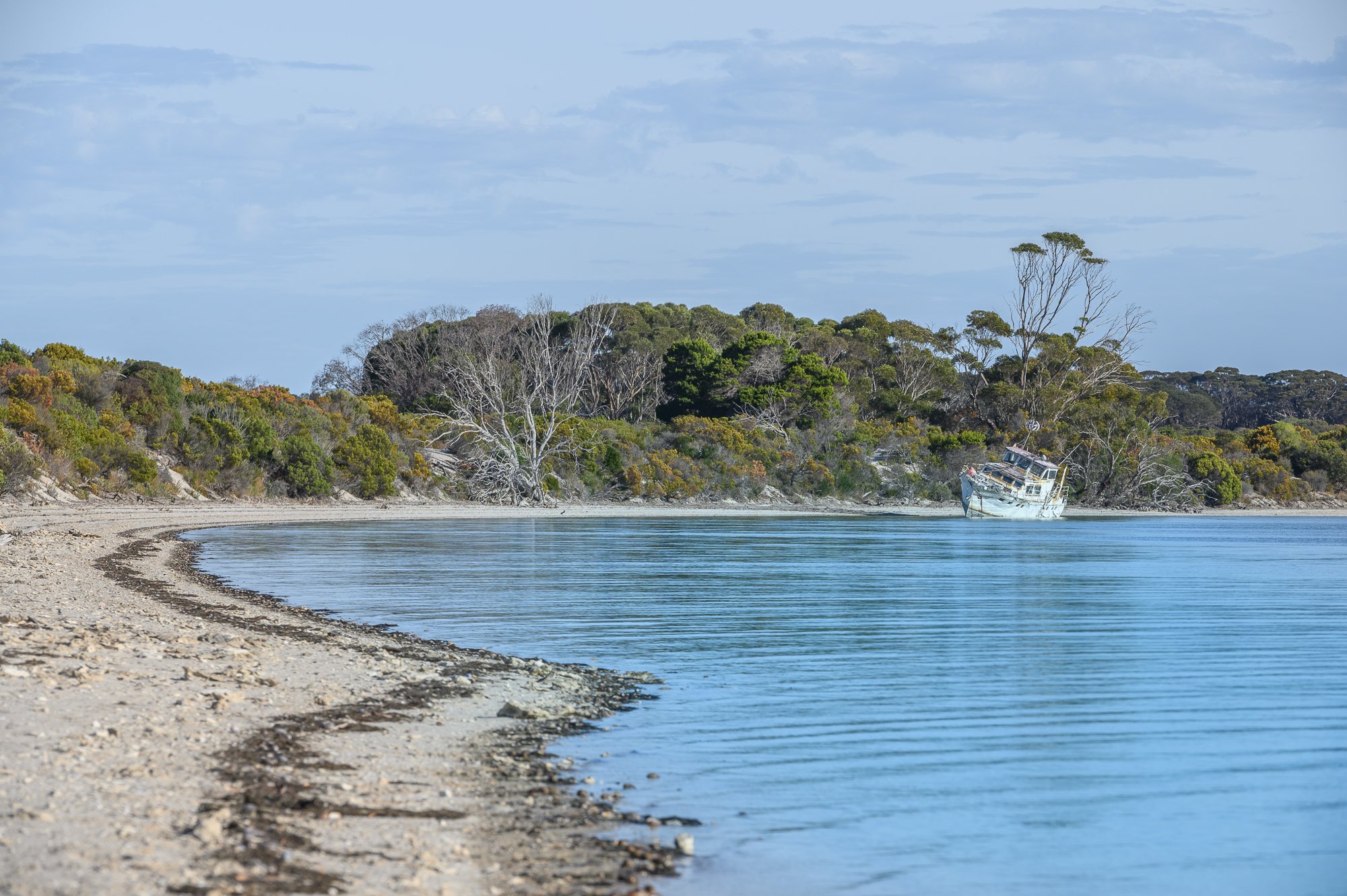 A tranquil shoreline with a curved sandy beach, calm blue water, and a wooded area with trees and shrubbery in the background. An abandoned boat is anchored near the shore.