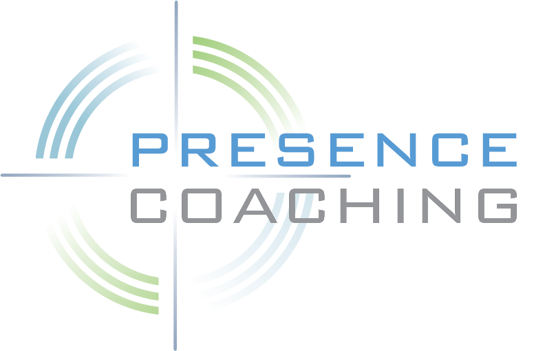 Circular graphic in blue and green with the words Presence Coaching