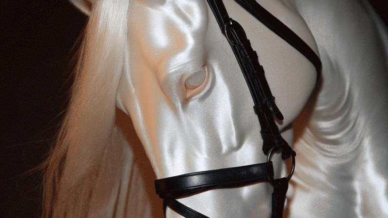 Close-up of a porcelain horse sculpture with detailed features and a black bridle.