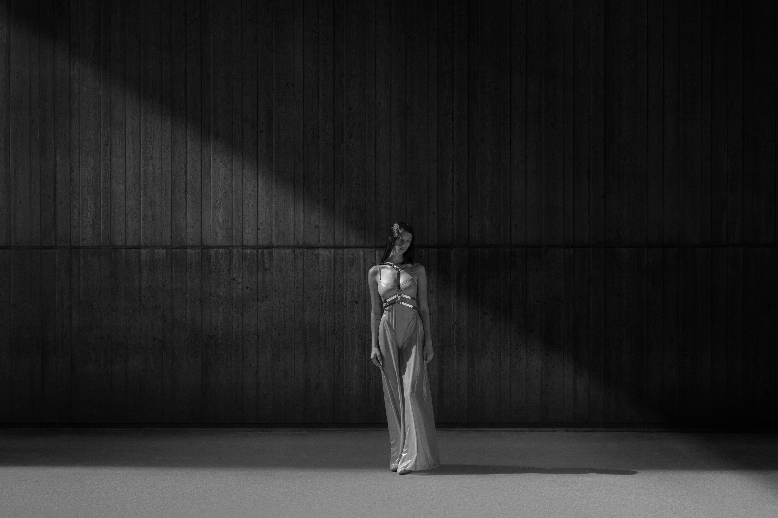 Black and white photo of a woman standing alone against a dark wooden wall, with a spotlight casting a shadow behind her.