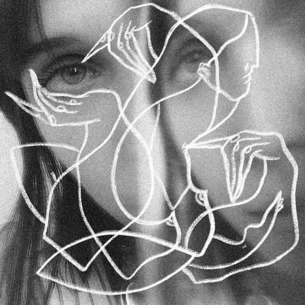 Abstract art featuring a woman's eyes with overlapping line drawings of faces and hands.