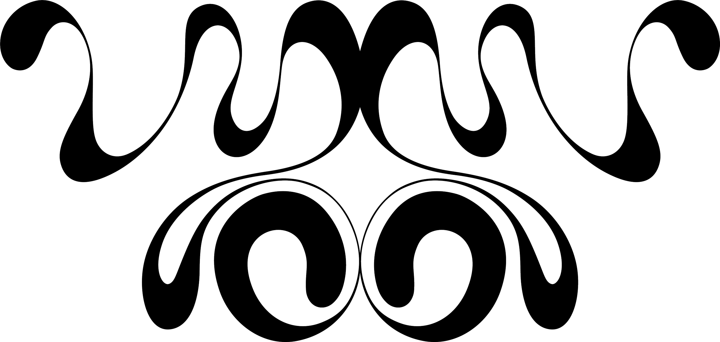 Symmetrical decorative line pattern with curves and spirals on a black background.