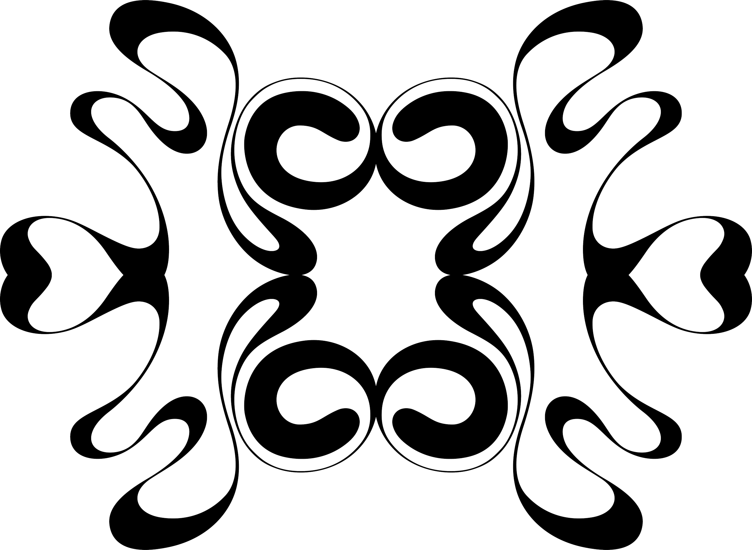 Abstract symmetrical floral pattern with swirling designs and heart shapes, in black and white.