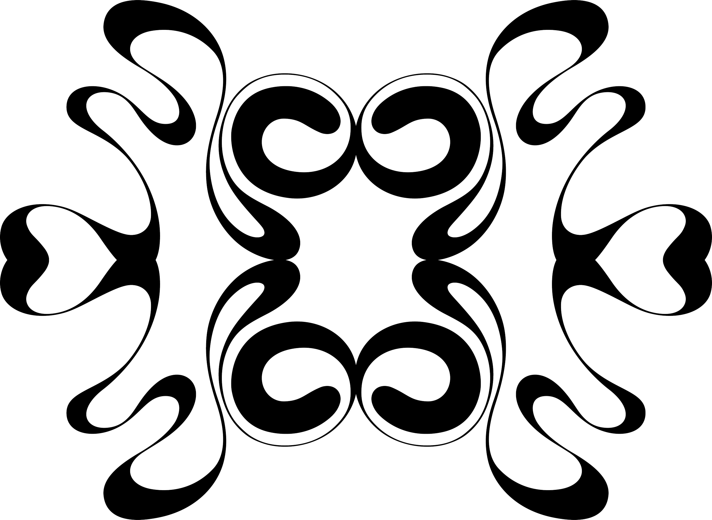 Abstract symmetrical line design with hearts and swirls on a black background.