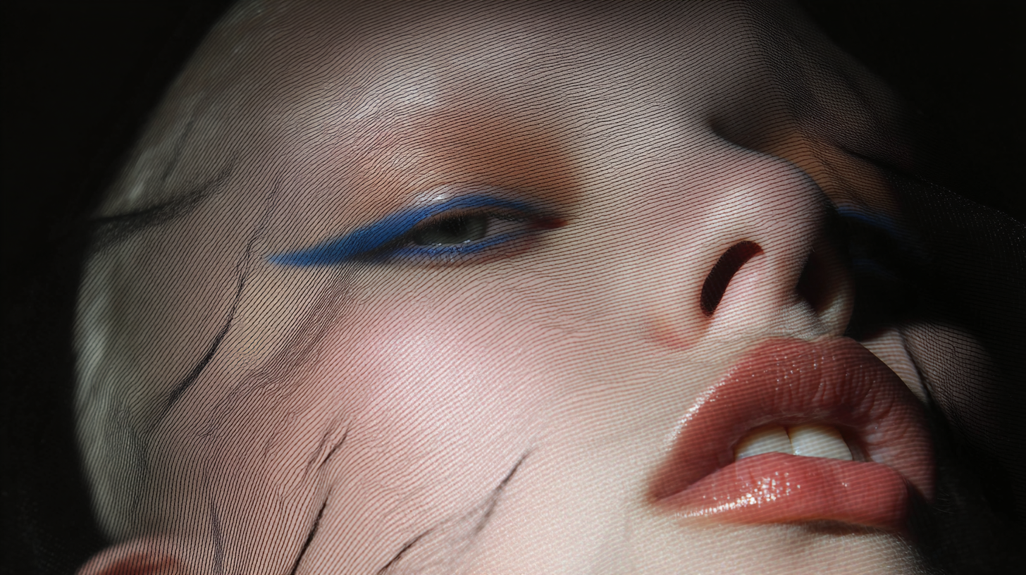 Beauty shot of a woman's face with blue eye makeup