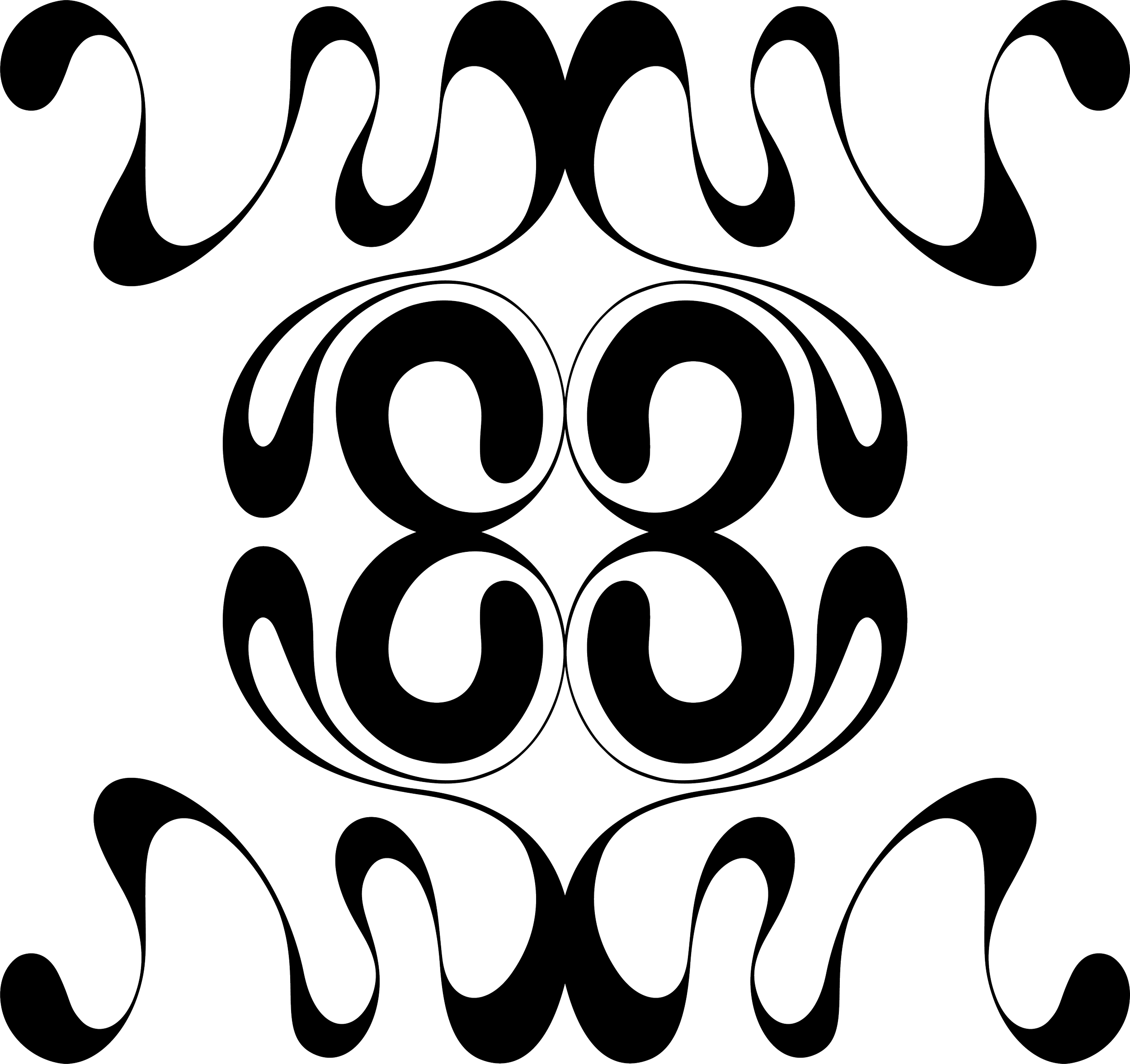 Abstract symmetrical line art with swirling, flowing shapes on a black background.