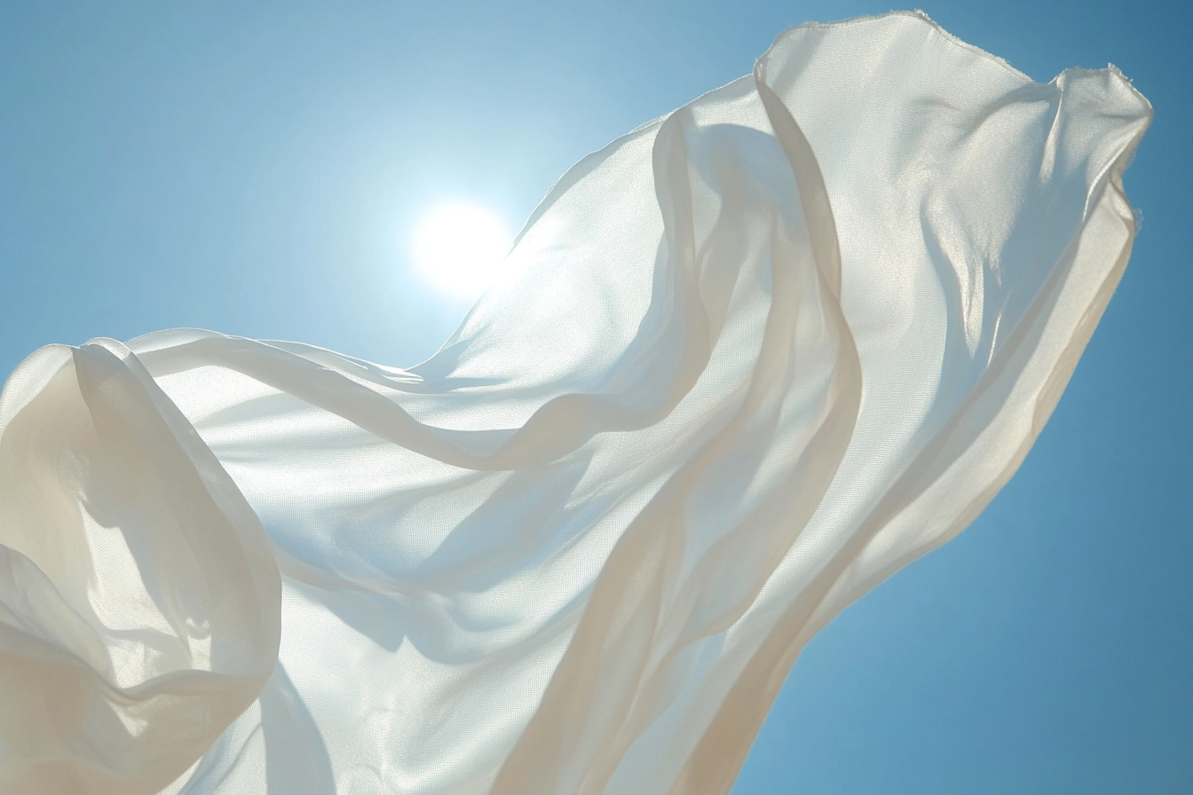 A white fabric billowing in the wind against a clear blue sky with the sun shining brightly.
