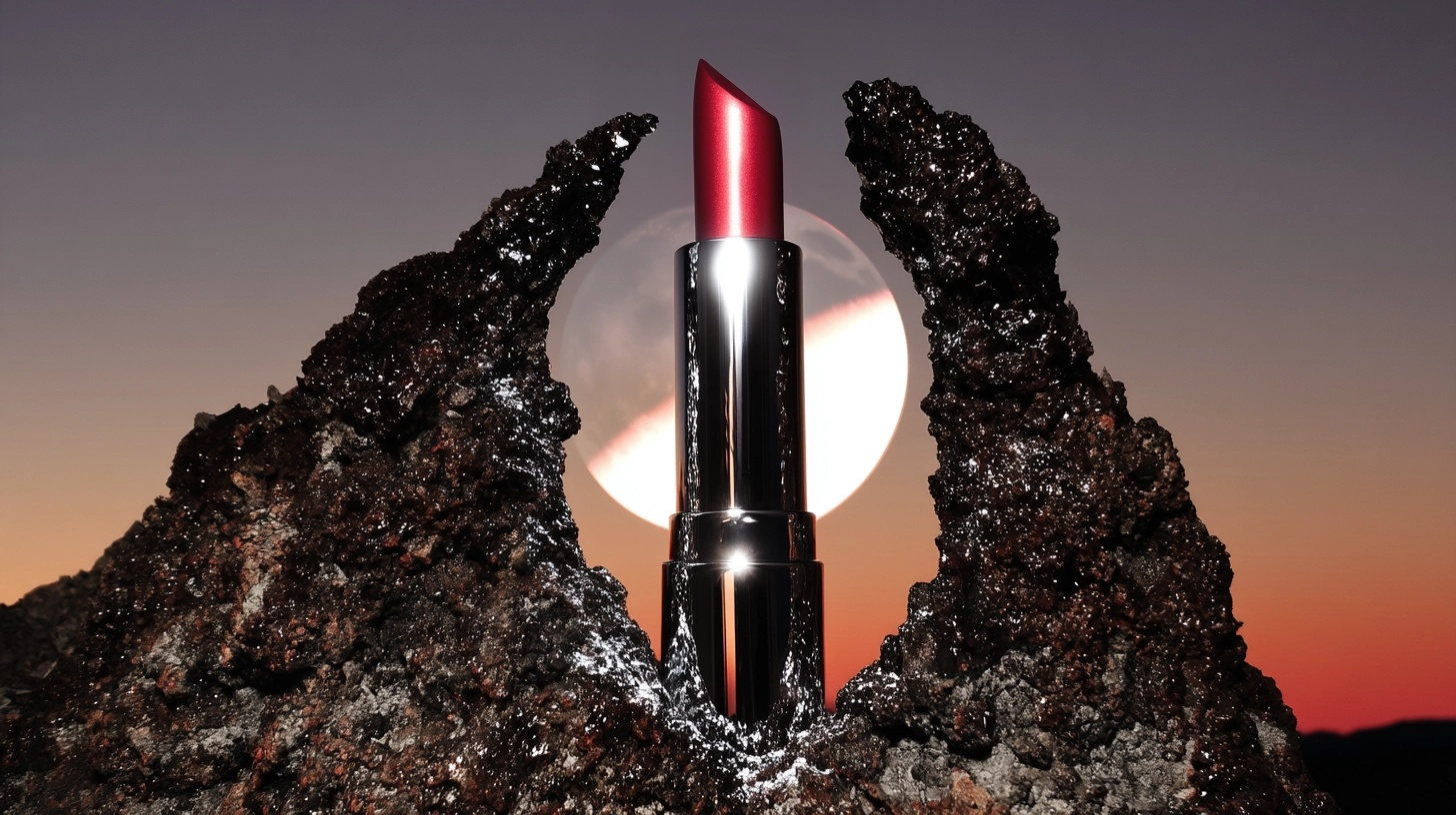 A red lipstick against a rocky background with a sunset or moon in the distance.
