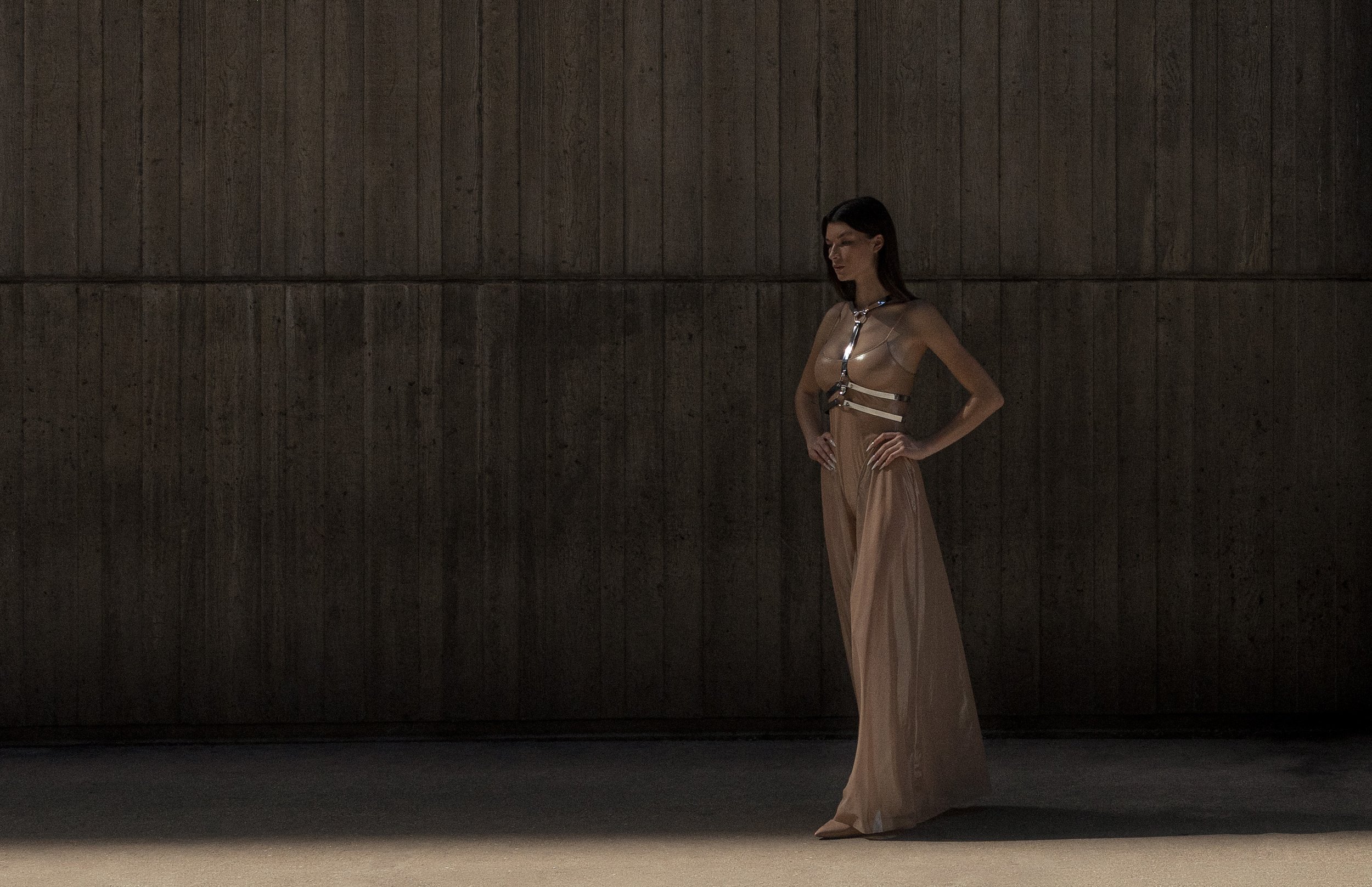 Woman in sheer beige dress with metallic harness, standing against a dark wooden wall.