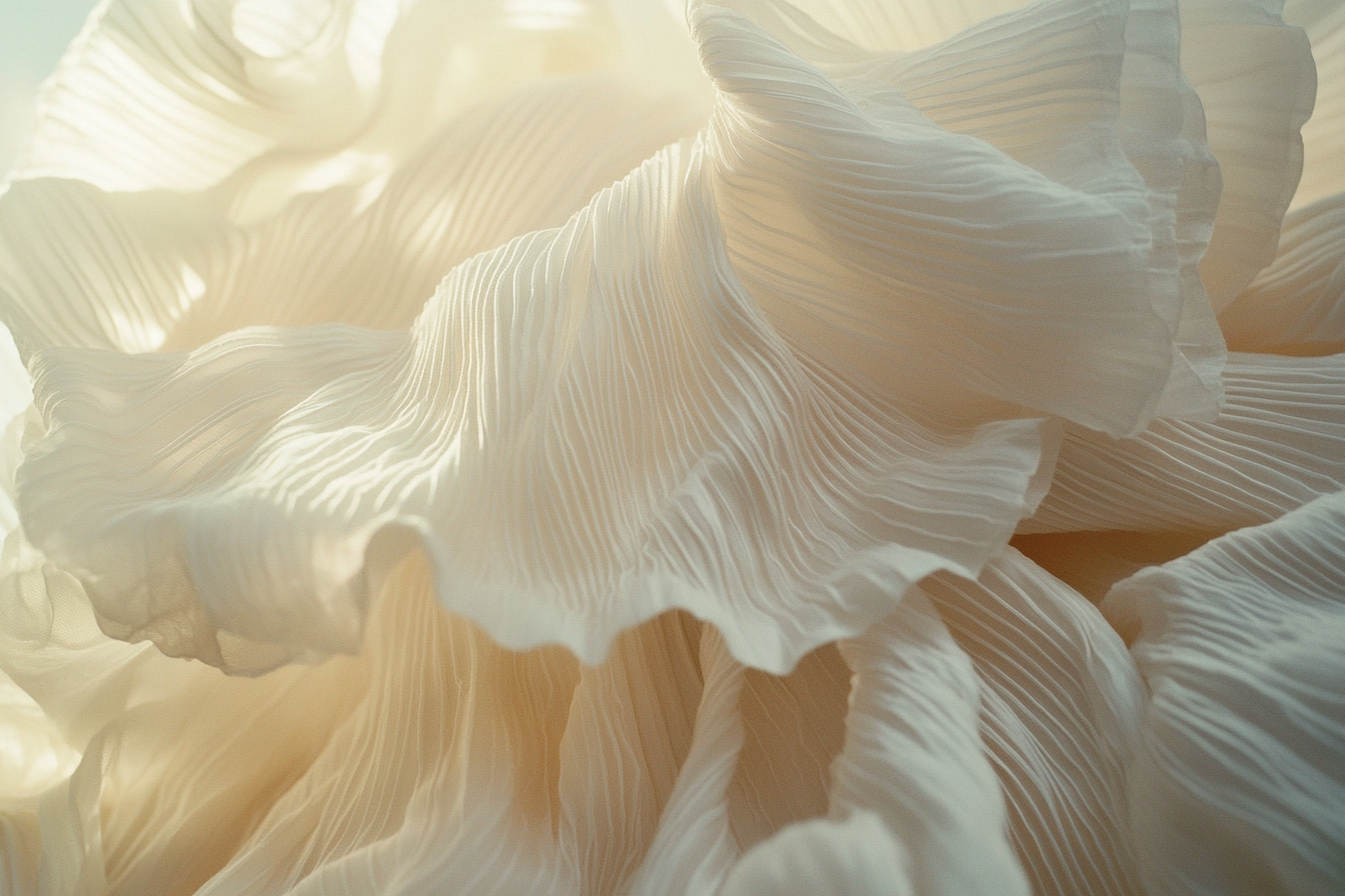Close-up of white pleated fabric with soft lighting and flowing texture.