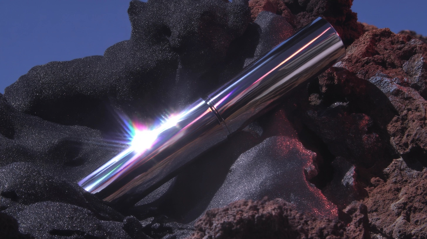 A shiny metallic cylindrical object placed on dark, textured rocks with a sparkling effect.